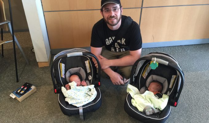 Father and his newborn twins at MGH's Vincent Obstetrics